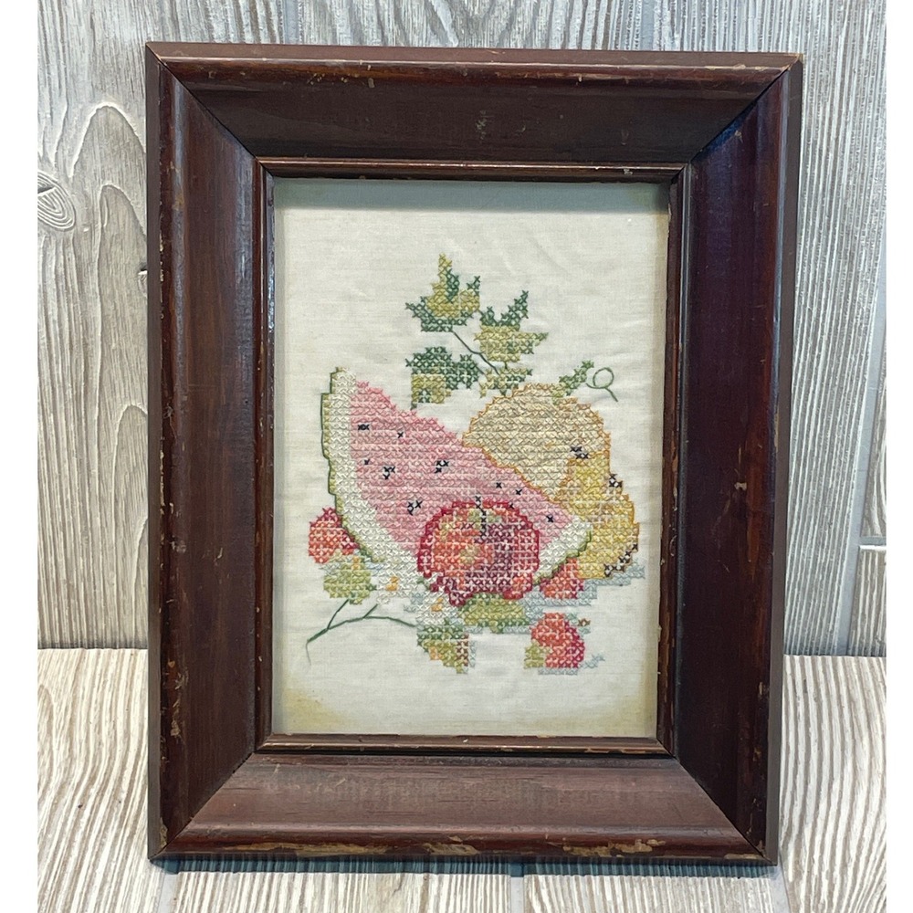 Vintage Hallmark Fruit Cross Stitch Framed Wall Art Watermelon Pear Apple 6266